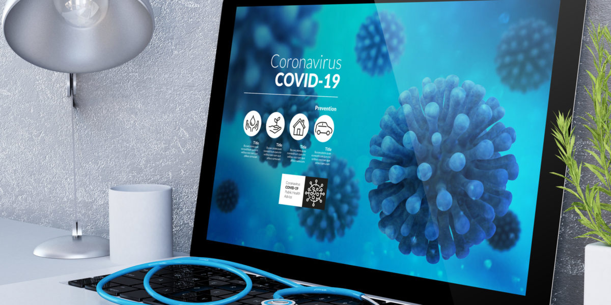 medical desktop computer coronavirus info on screen 3d rendering
